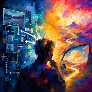 Abstract painting of a silhouetted figure studying a glowing network of interface panels beside a car windshield, warm and cool colors meeting