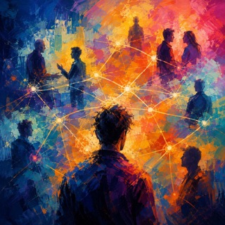 Abstract painting of a silhouetted figure in the foreground surrounded by other silhouetted people connected by glowing lines, like a network